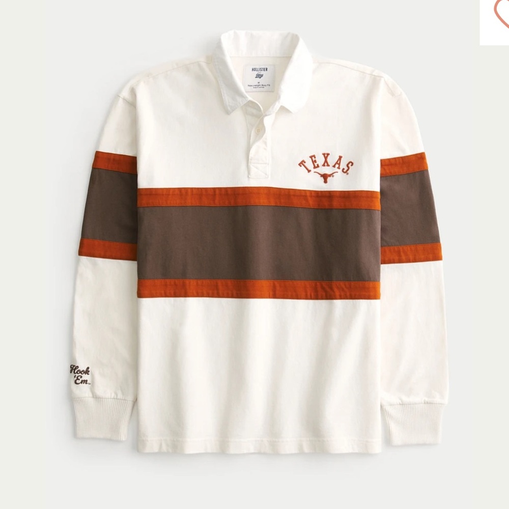 Hollister White, Burnt Orange & Brown Texas Rugby Polo
